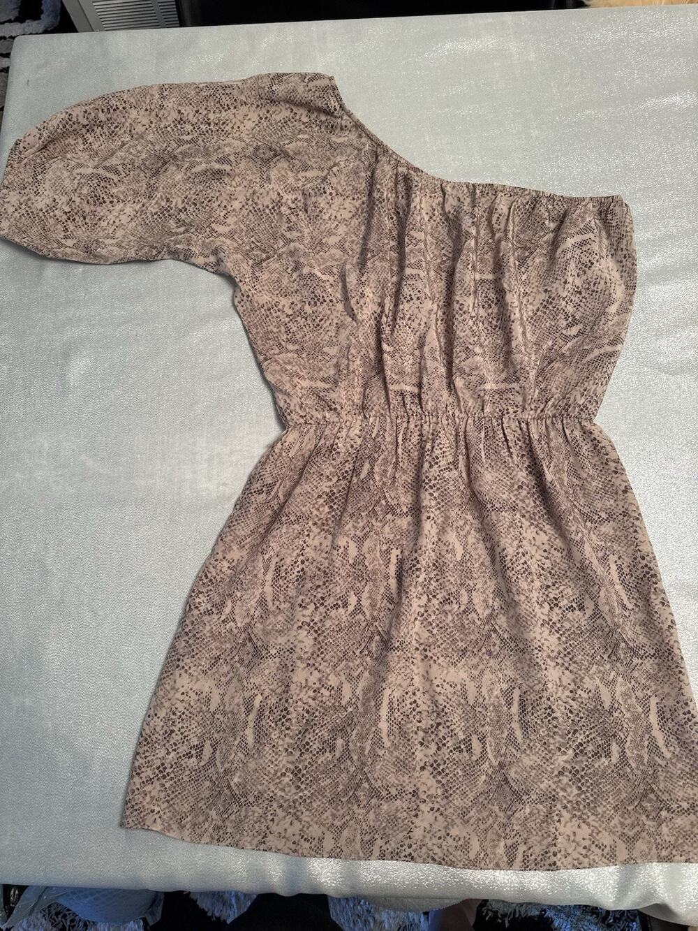Rebecca Taylor One Shoulder Snake Print 100% Silk Dress Beige Brown